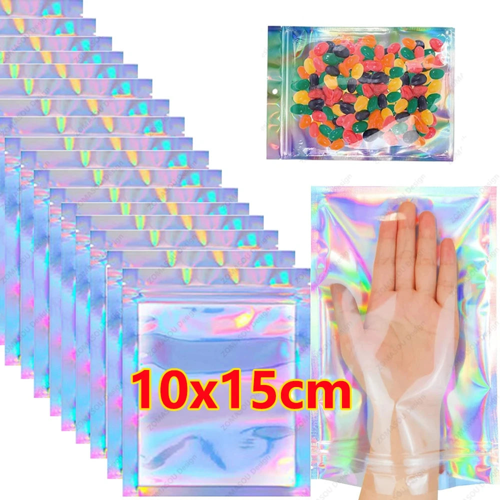 10-300PCS Laser Sealing Bags Plastic Holographic Candy Food Pouch Resealable Necklace Jewelry Gift Packaging Kitchen Storage Bag