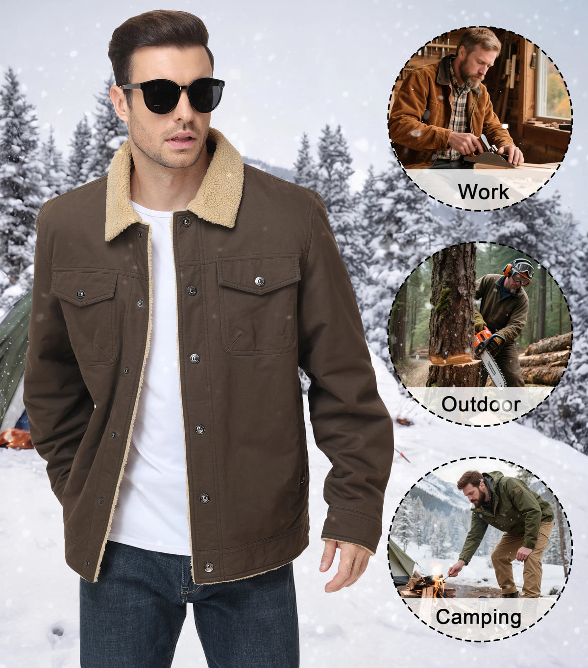 Men's Winter Trucker Jacket Sherpa Fleece Lined Thick Thermal Warm Cargo Workwear Coat Multi-Pocket Outwear