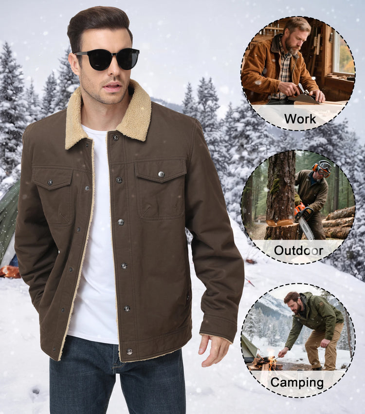 Men's Winter Trucker Jacket Sherpa Fleece Lined Thick Thermal Warm Cargo Workwear Coat Multi-Pocket Outwear