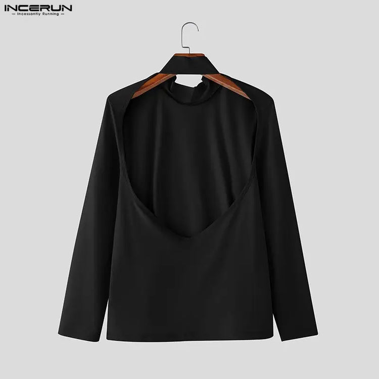 INCERUN Men T Shirt Solid Color Turtleneck Long Sleeve Hollow Out Backless Male Tee Tops Streetwear Fashion Casual Men Clothing