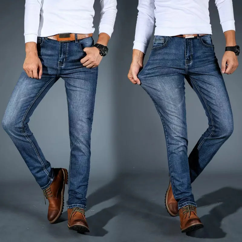 Men's jeans, casual straight leg, elastic, fashionable, classic, blue and black work denim pants, men's brand clothing