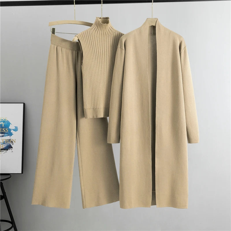 Spring Autumn 3 Piece Women Cardigan Tracksuits Fashion Knitted Pant Set Ladies Sweater Suit Vintage Fashion Ladies 3 Piece Set