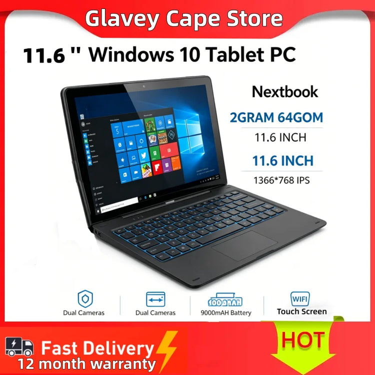 11.6'' Windows 10 Tablet PC T10 2GB DDR+64GB 2 In1 Docking Keyboard G12 Z8350 CPU 1366*768 IPS Touch Quad Core