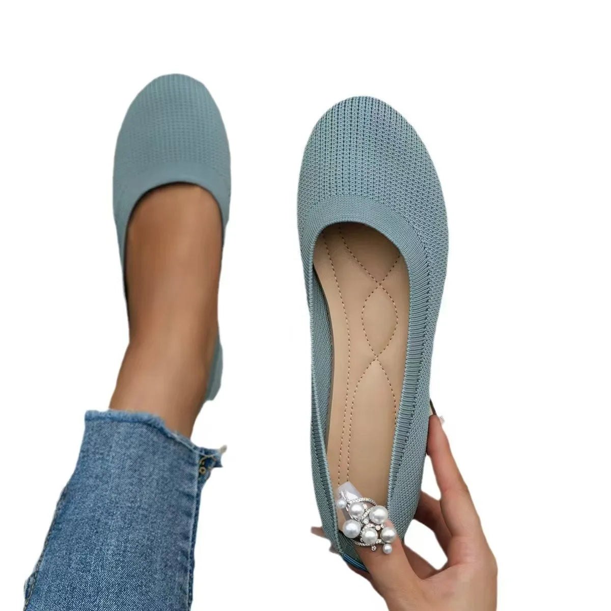 Women Round Toe Knitted Ballet Flats Breathable Slip on Flat Soft Sole Lightweight Casual Daily Walking Loafers Zapatos Mujer