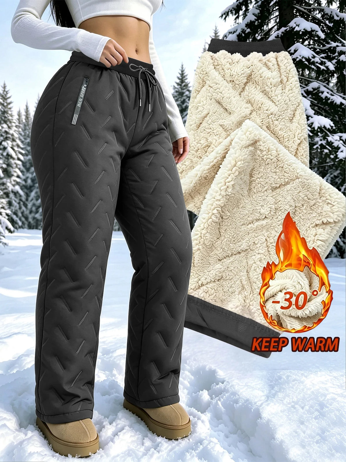 Women's Winter Fleece Pants With Drawstring Elastic Waistband Winter Warm Zipper Pocket Women's Outdoor Jogging Pants