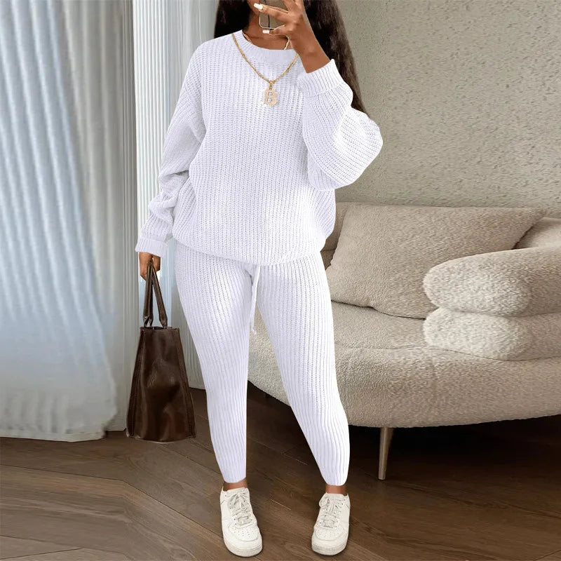 FAGADOER Knitt Sweater 2 Piece Set for Women Autumn Winter Long Sleeve O Neck Sweater + Skinny Pants Sets Casual Outfit Homewear