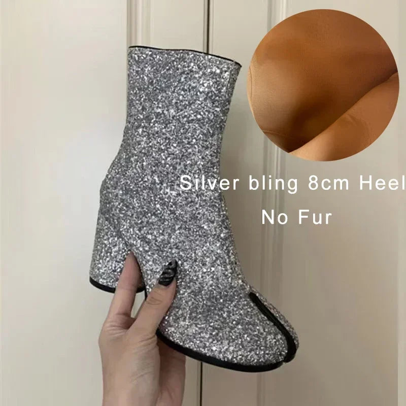 Luxury Brand Designer Tabi Split toe Ankle Boots Women Genuine Leather Chunky Round Heel Short Boots 2024 Autumn Winter Shoes