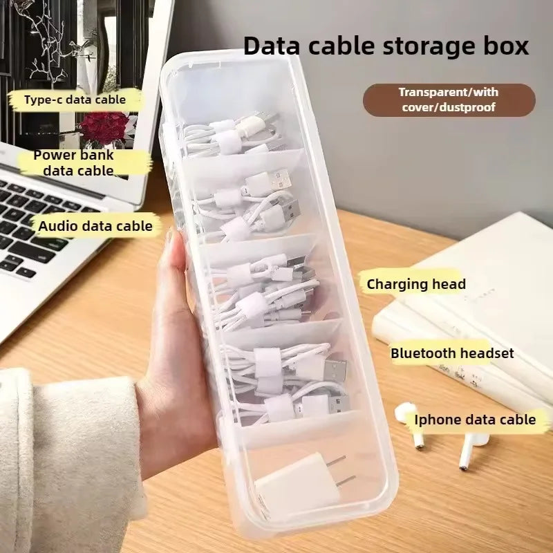 1pc Dustproof Cable Management Box, Clear Transparent Desktop Organizer with Lid, Adjustable Dividers for Cords, Storage