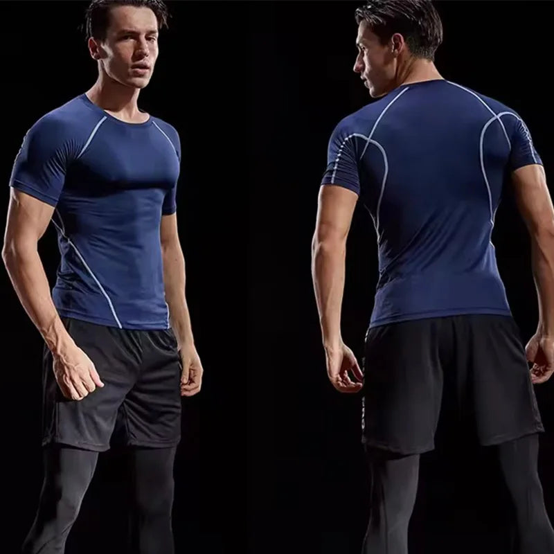 Men's Sports T-Shirt Quick-Dry Tight-Fitting Top Short-Sleeve Sports Shirt Gym Running Training Stretch Slim Fit