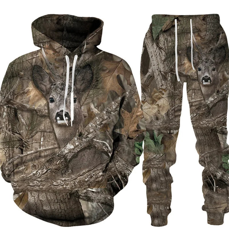Men's Camouflage Hunting Animal Tracksuit Outfits 3D Wolf Print Hoodies 2-Piece Autumn/Winter Outdoor Sweatshirts Sweatpants Set
