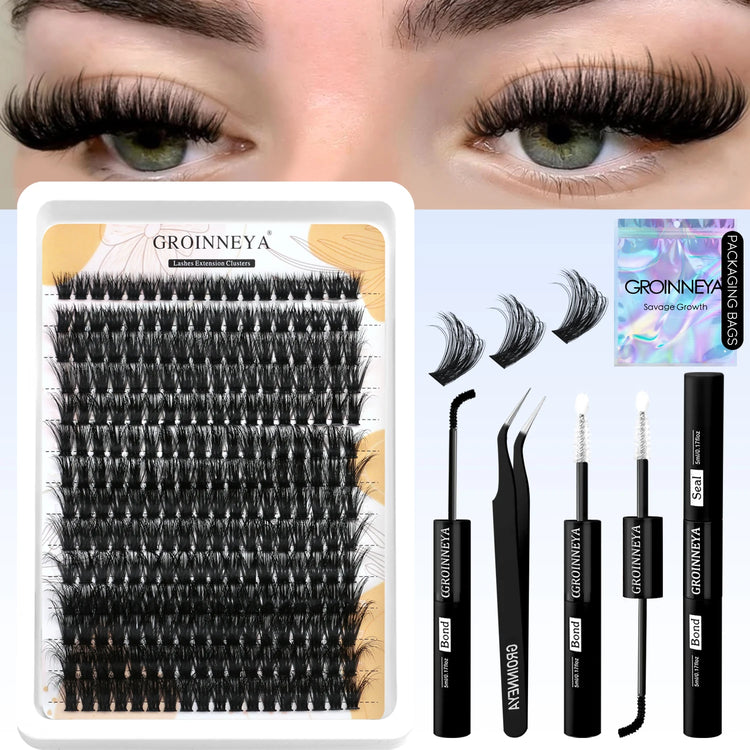 GROINNEYA Lash Clusters Kit With Waterproof Strong Hold DIY Lash Extension Kit Lash Bond And Seal And Eyelash Tweezers Makeup