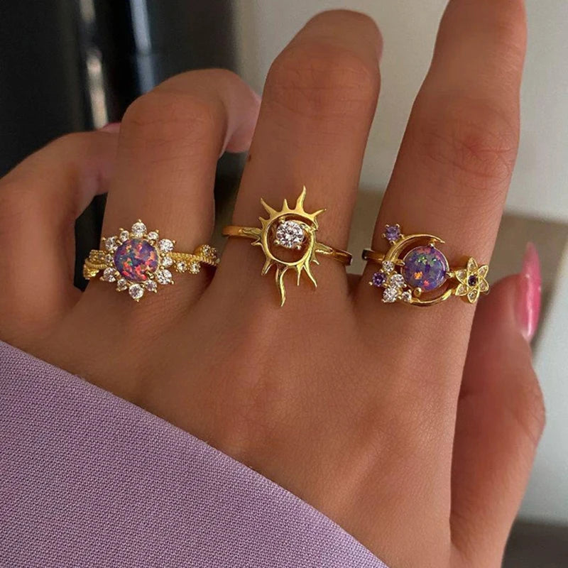 4Pc Sunflower Moon Ring Set for Women Exquisite Sweet Bow Star Heart Finger Rings Trend Vintage Stackable Versatile Jewelry Gift