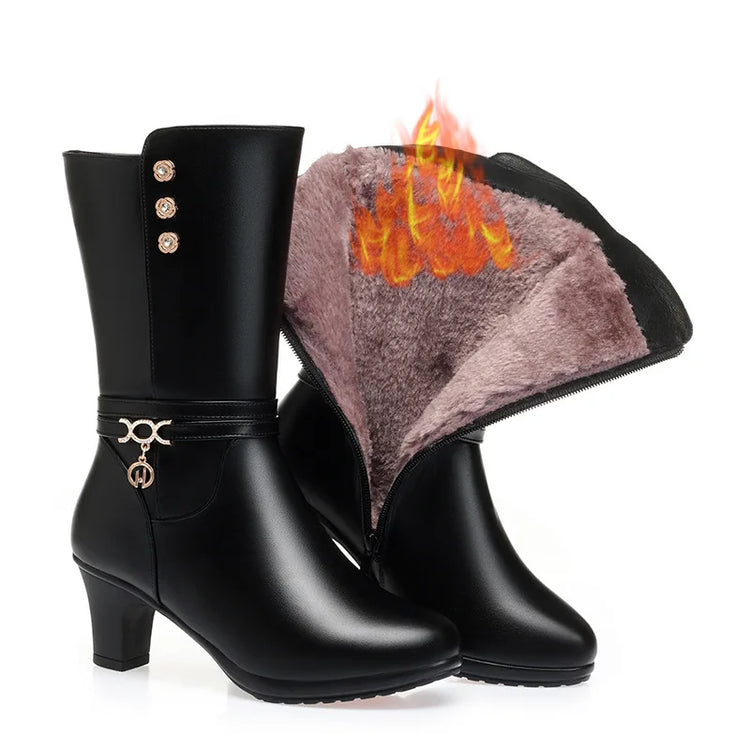 Women Winter Warm Mid Calf Boots Mum Cotton Shoes Metal Decoration Padded Soft Sole Solid Colour Side Zip Rhinestone Shoes