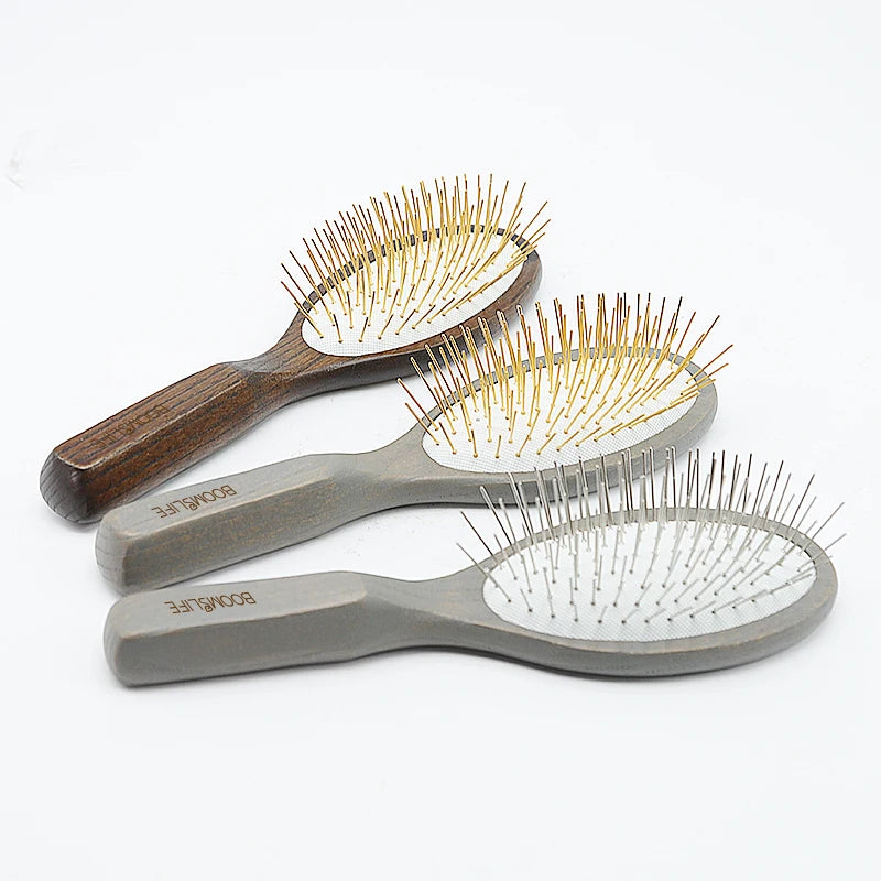 BOOMSLIFE Personalized Logo Metal Needle Wood Hair Brush For Women Hair Detangling Metal Pin Comb Massage Scalp Hair Comb