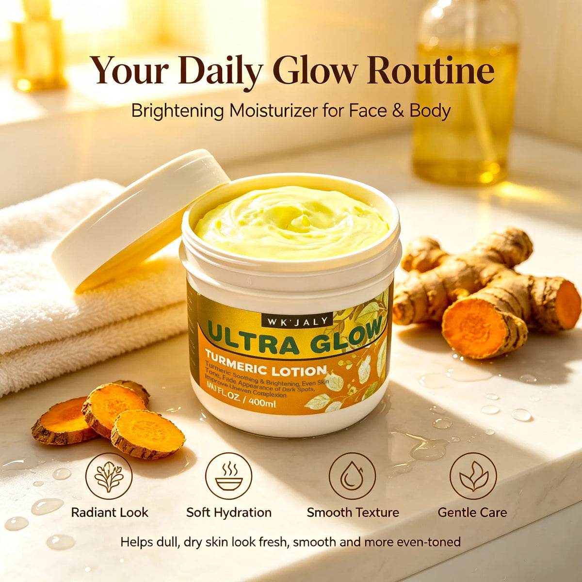 WK JALY Ultra Glow Turmeric Body Lotion, Brightening, Even Skin Tone, Deeply Moisturize Skin, Fade Dark Spots, Hyperpigmentation
