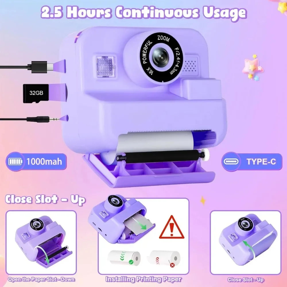 1080P Children Mini Digital Video Camera for Kids Learning Development Educational Thermal Instant Print Camera with 32G Card