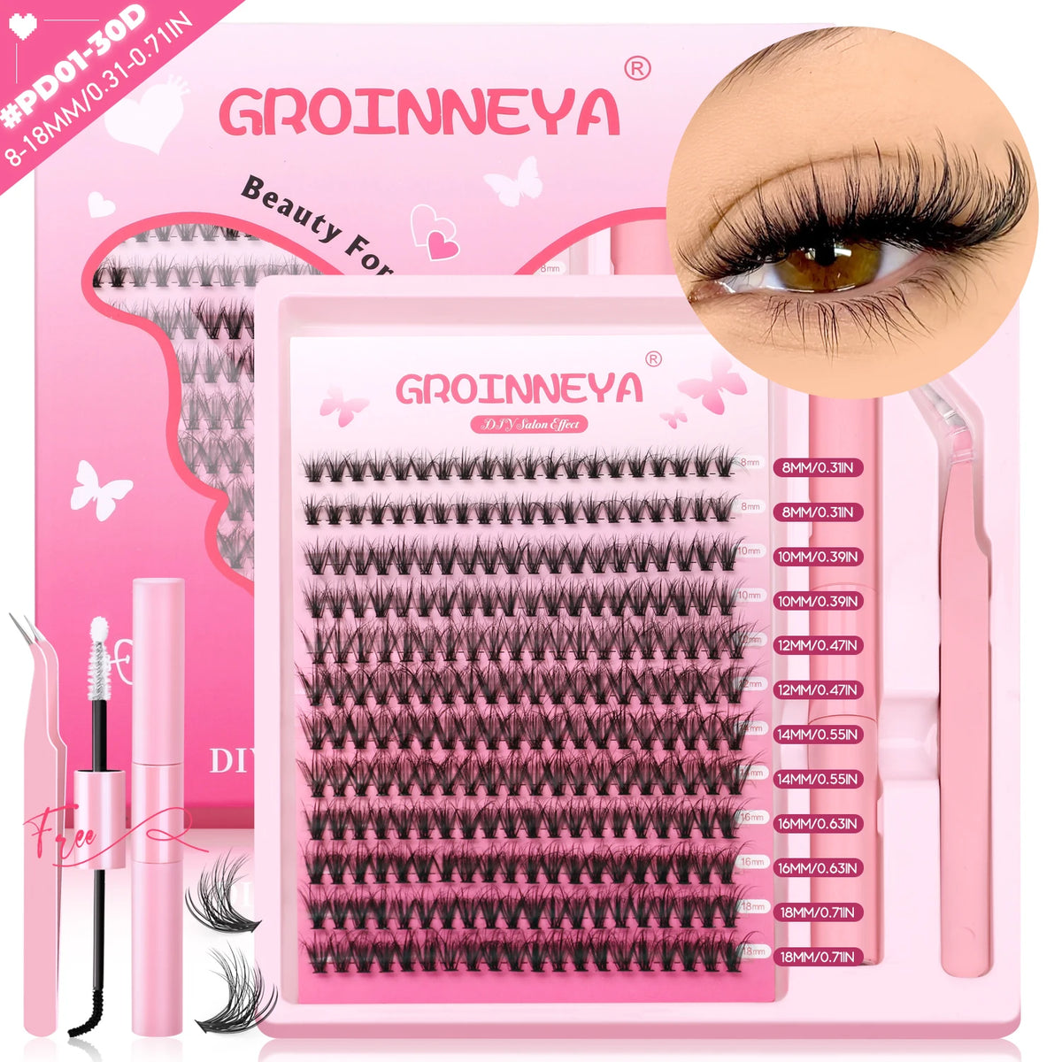 GROINNEYA DIY Lash Clusters Kit Thick Fluffy Cluster Lashes Full Set Lashes Extension with Lash Bond&Seal Individual Eyelashes