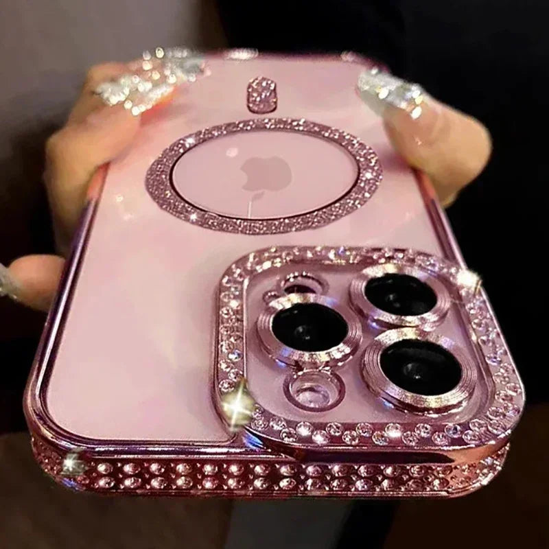 Fashion Glitter Diamond Transparent Case For iPhone 18 17 16 15 14 13 11 12 Pro Max Funda Magnetic Wireless Charger Bumper Cover