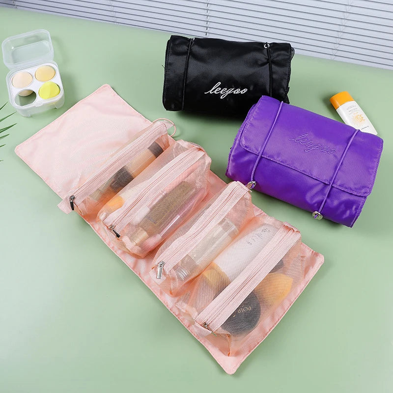 4-in-1 Removable Makeup Bag Foldable Travel Cosmetic Organizer Waterproof Nylon Multi Pocket Toiletry Storage Bag