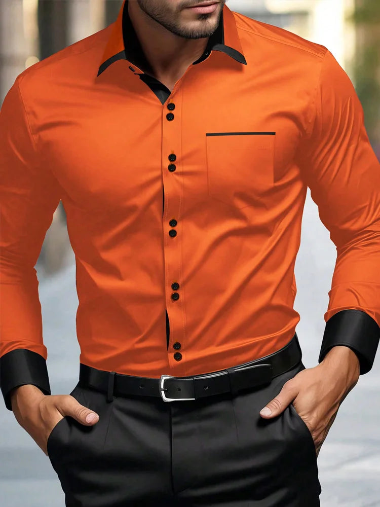 Men's Casual Business Long-sleeved Shirt, British Style Double Button Shirt, Slim Long-sleeved Lapel Shirt
