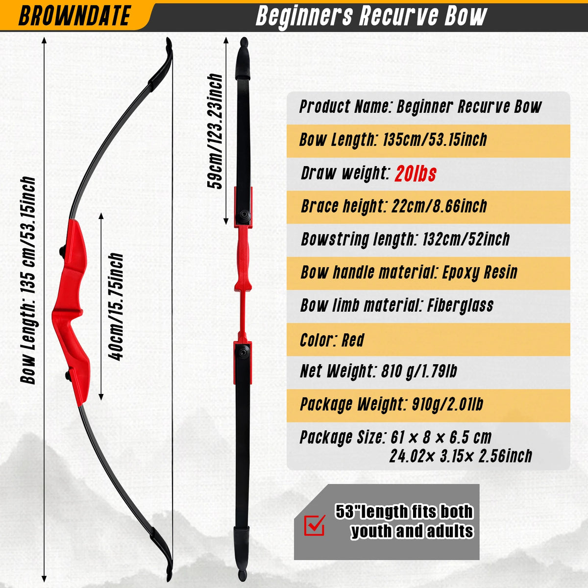 Archery Recurve Bow 53" Standard Set for Adults 20 30 40lb, Takedown Archery Kit for Beginners Right & Left Handed Outdoor Target Practice & Training, Adult Beginners to Advanced Outdoor Target Practice,Red