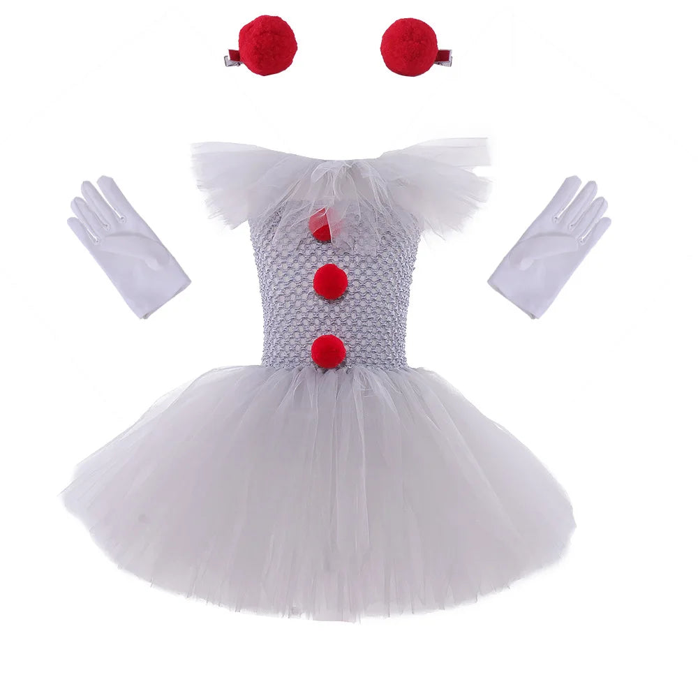 2026 Halloween Trick or Treat Carnival Party White Gray Scary Clown Mesh Fluffy Dress Girl Cosplay Joker Costume Accessories Set