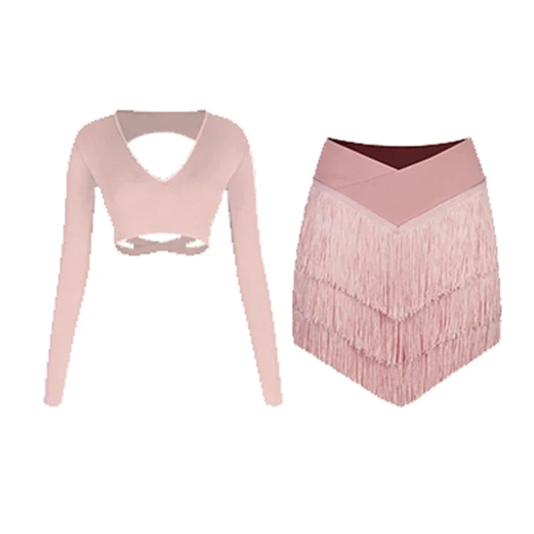 New Latin Dance Clothes Long Sleeves Backless Tops Fringe Skirt Women Cha Cha Rumba Samba Dance Training Practice Wear