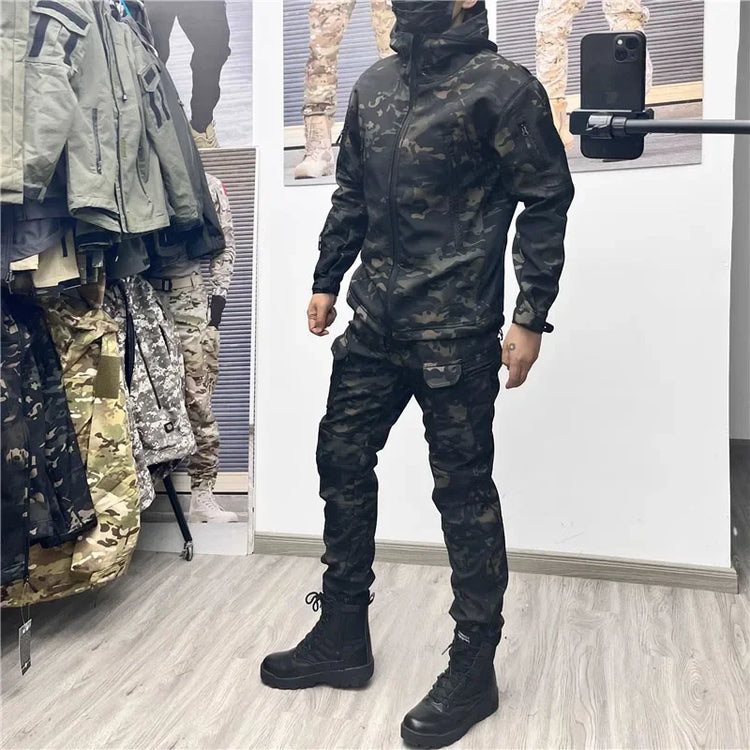 Soft Shell Combat Suit Military Uniform Army Jackets Hooded Top+Breathable Long Sleeve Cargo Pants Men Hunting Sets Multi-pocket