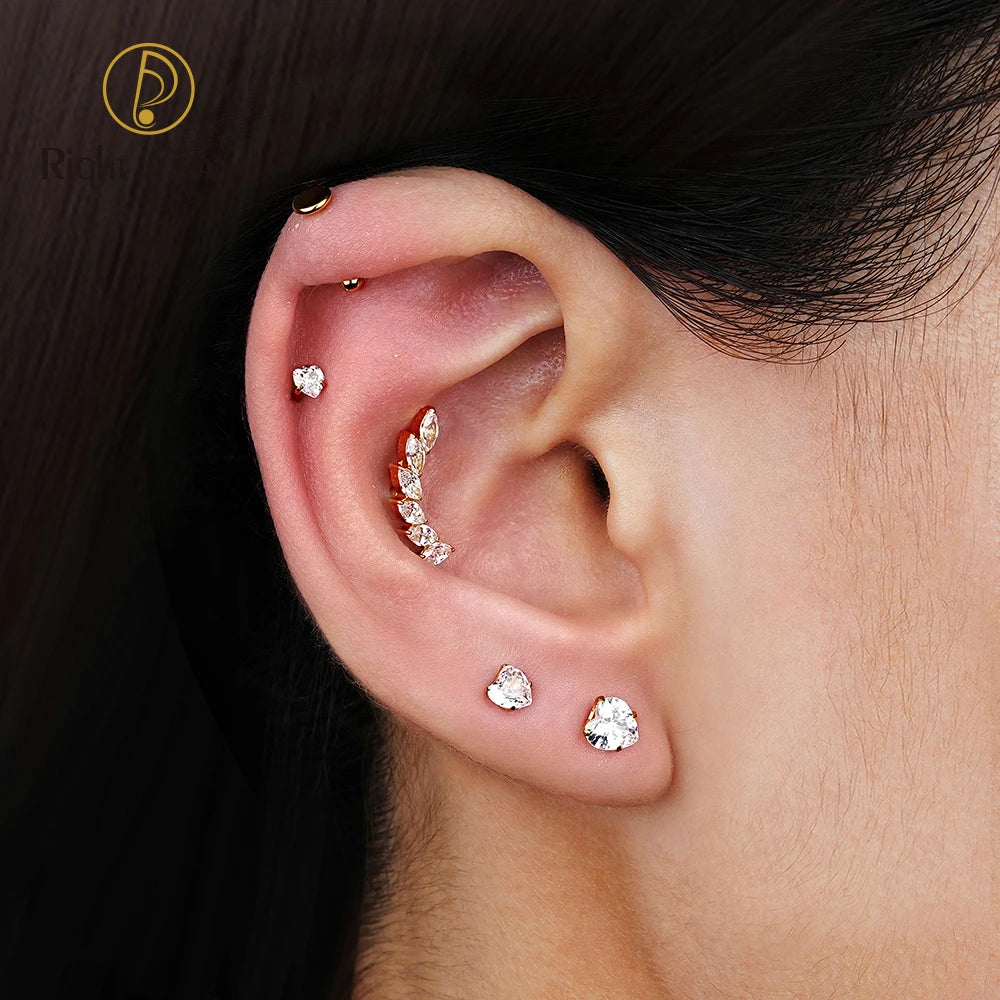 Right Grand ASTM F136 Titanium 16G Heart CZ Threaded Labret 3mm/4mm/5mm CZ Cartilage Tragus Helix Nose Stud Piercing Jewelry