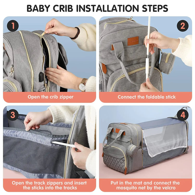 Foldable 3-in-1 Diaper Bag Backpack with USB Charge Waterproof Travel Bag Baby Bed And Changing Mat Included