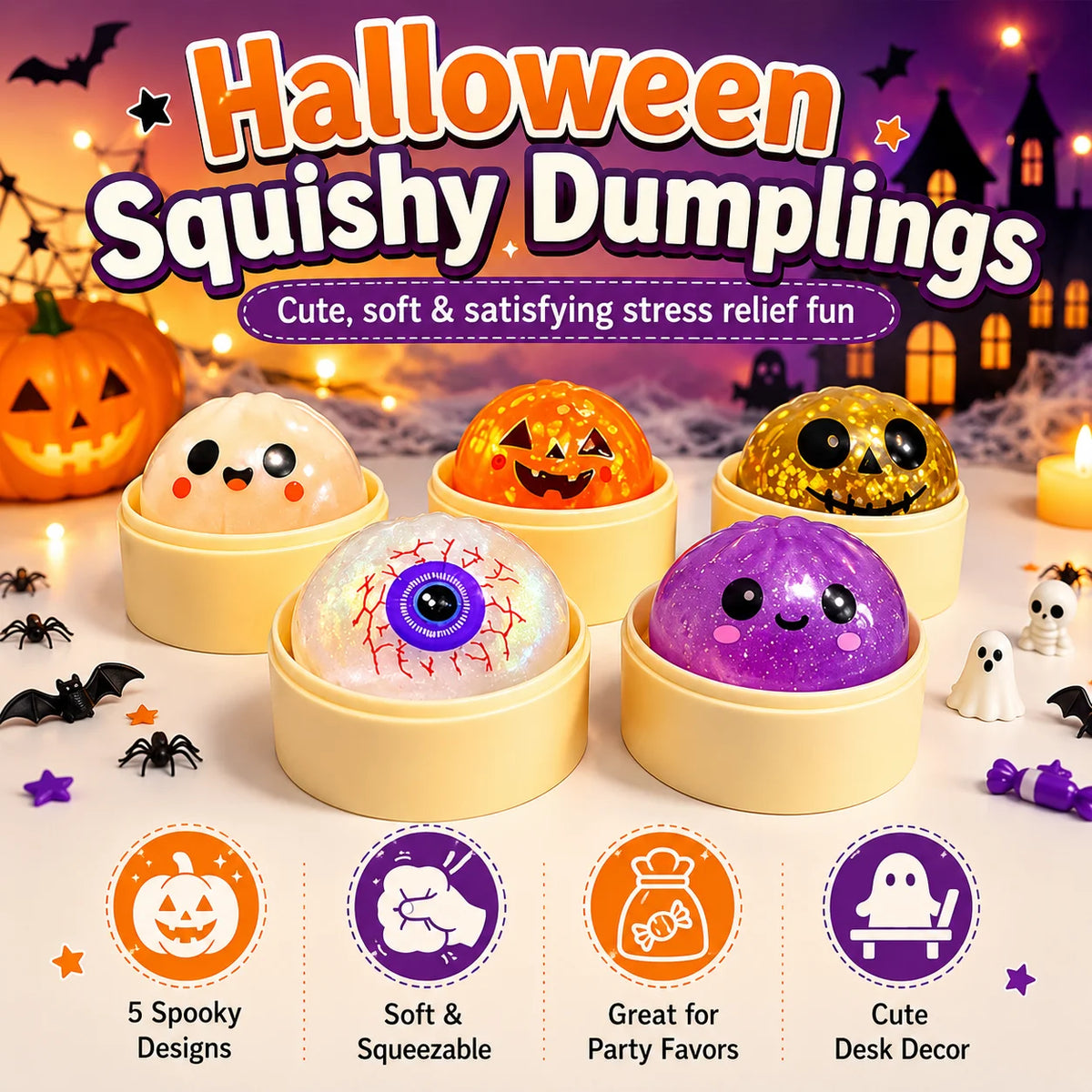 5CM Realistic Halloween Dumpling Squishy Slow Rising Soft Squeeze Fidget Sensory Stress Relief Tactile Desk Novelty Gift Set