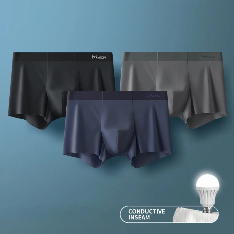 MIIOW 3Pcs Ice Silk Man Underwear Boxer Metal Fiber Antistatic Men Underpants Seamless Cut Hem Men's Panties Boxers Shorts Trunk