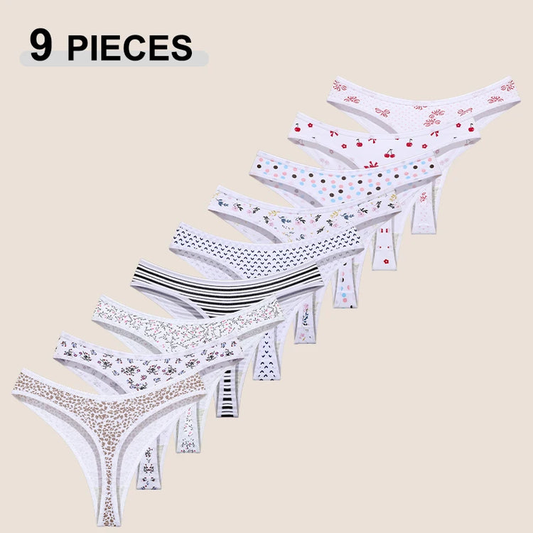 9Pcs Women's Seamless Cotton Panties XS-XXL Multiple Printing T-Back G-strings Sexy Low Waist Breathable Thongs Female Underwear