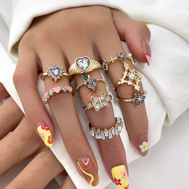 9Pcs/Set Tide Pink Love Heart Butterfly Purple Drill Grapes Flower Geometry Rings Sets for Women Originality Ring Party Jewelry