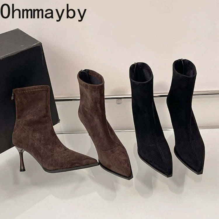 Pointed Toe Women's High Heel Ankle Boots Fashion Elegant Dancing Party Shoes Autumn Winter Women's Stretch Slim Short Booties