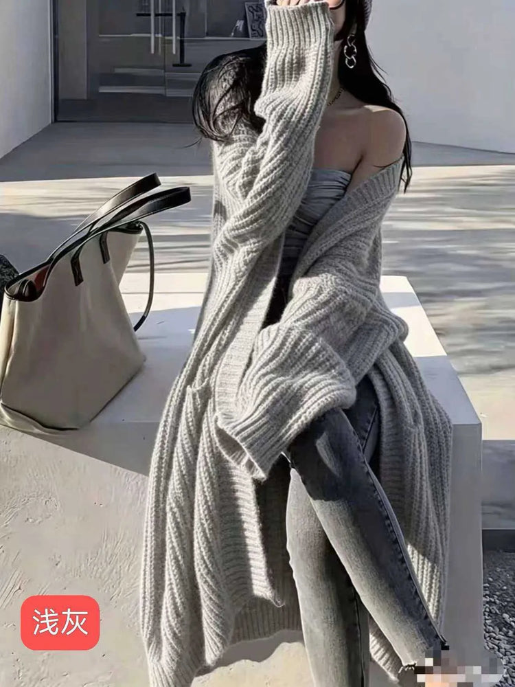 Women Oversized Maxi Cardigan Knitted Sweater Coat With Pockets Autumn Winter Casual Loose Long Sleeve Sweater Outwear Ladies