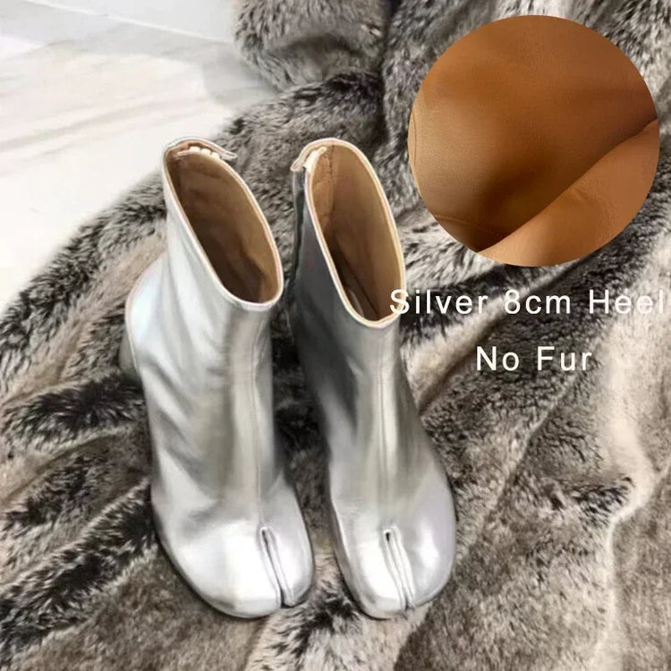 Luxury Brand Designer Tabi Split toe Ankle Boots Women Genuine Leather Chunky Round Heel Short Boots 2024 Autumn Winter Shoes