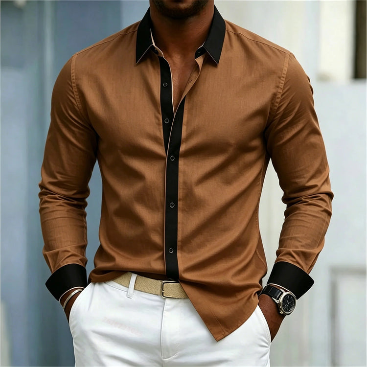 Men's Shirt Black And White Contrasting Splicing Men's Lapel Long Sleeved Shirt Slim Fit Business Casual Men's Top Size