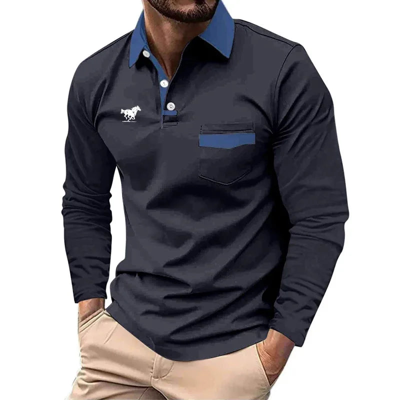 Men's business casual polo shirt, long-sleeved shirt, tight pocket sewn, solid color, sporty, spring and autumn, new