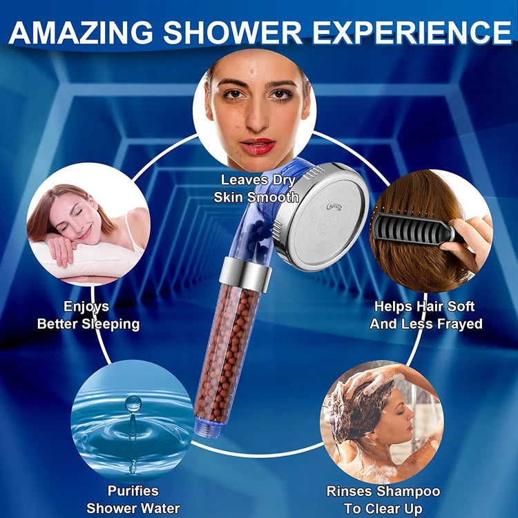 New 3 Modes Filtered Shower Head for Hard Water Handheld High Pressure Showerhead with Mineral Stones Eco Spa Bathroom Shower
