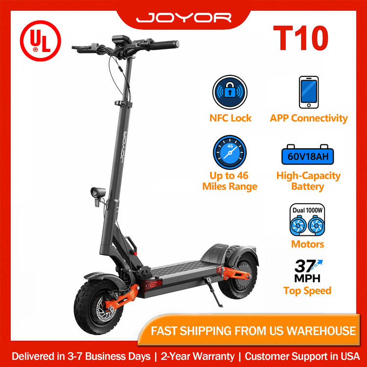 JOYOR T10 NEW 2000W Dual Motor Electric Scooter 60V18Ah 47Miles UL Certified NFC Lock APP Control Smart Life Tuya 10"Off-Road Tubeless Tires Hydraulic Brakes Suspension Foldable E-Scooter Adults Heavy Duty USA Warehouse Fast