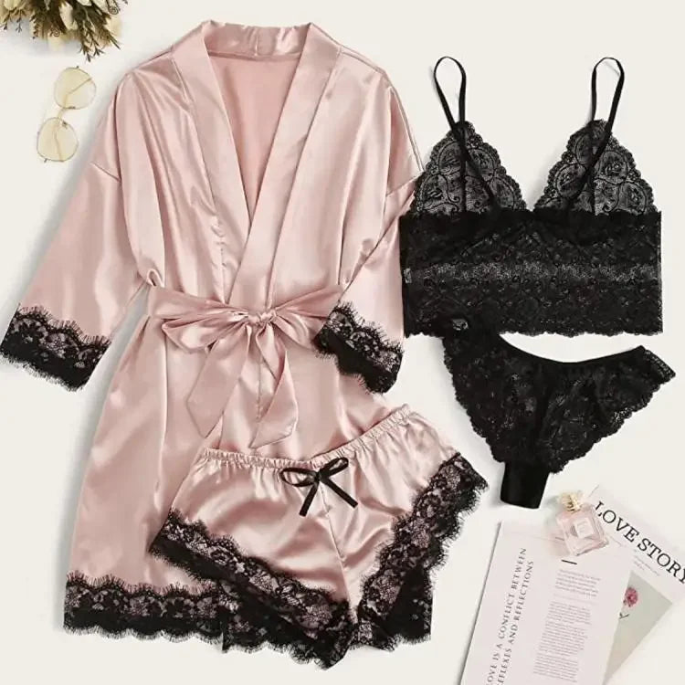 Women's Summer Sexy Pajama Pants Set 4 Pieces Lace Satin With Silk Sleepwear Robe Fashion And Comfortable Nightwear