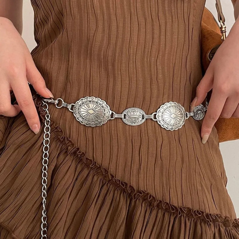 Retro Ethnic Style Waist Chain Metal Silver Bohemian Versatile Belt Dress Decoration Sweater Chain