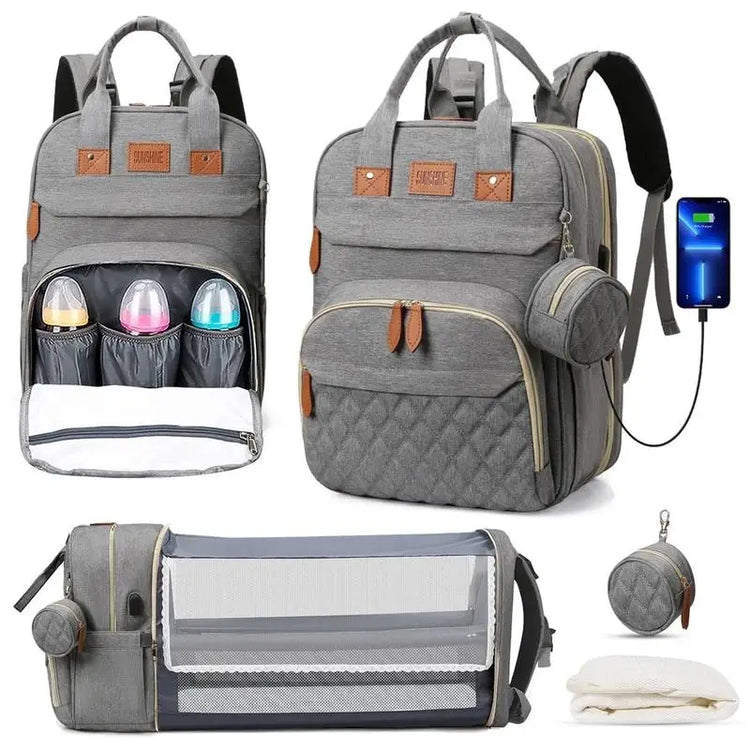 Foldable 3-in-1 Diaper Bag Backpack with USB Charge Waterproof Travel Bag Baby Bed And Changing Mat Included