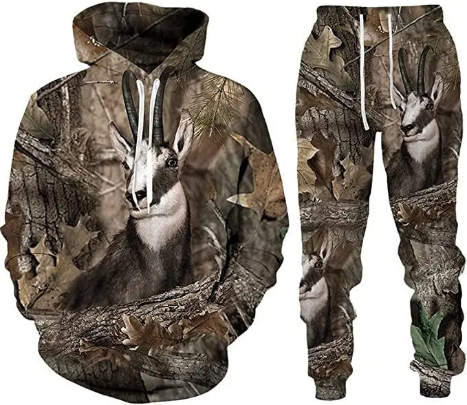 Men's Camouflage Hunting Animal Tracksuit Outfits 3D Wolf Print Hoodies 2-Piece Autumn/Winter Outdoor Sweatshirts Sweatpants Set