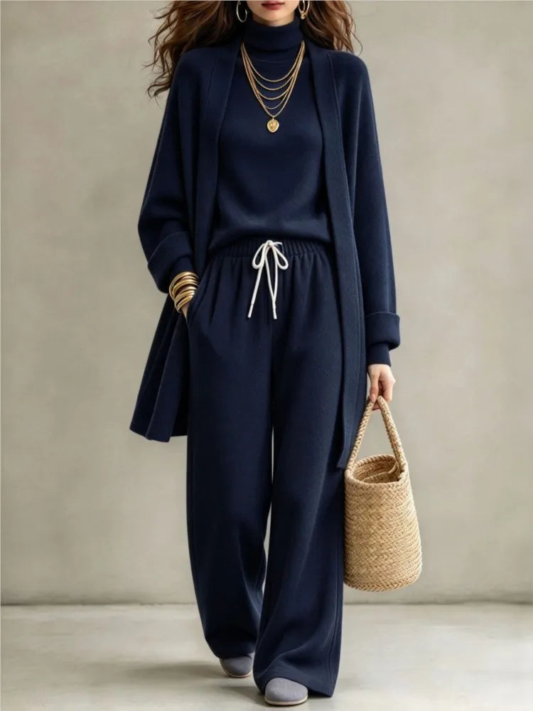 Autumn Winter New Fashion Double-sided Velvet High Collar Base Shirt Long Coat 3-piece Set Women's Casual Warm Wide Leg Suit2026