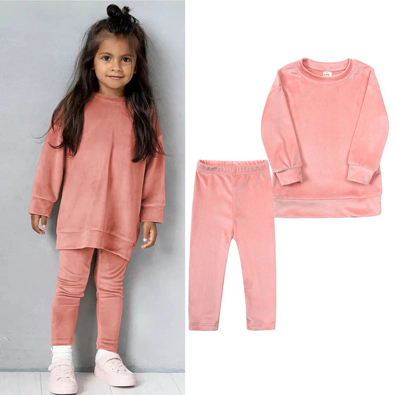 2026 Spring Kids Girl Velvet Suit Long Sleeve Pants Solid Clothes For Infant Toddler Boy Pullover Sweatshirt Set Teenage Outfits
