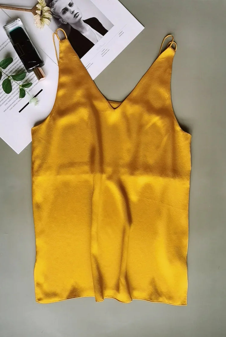 BirdTree 100% Silk Minimalist Sling, Women's Three Color Double Layer Silk, V-Neck INS Style Tank Top, 2026 Summer New T41576QC