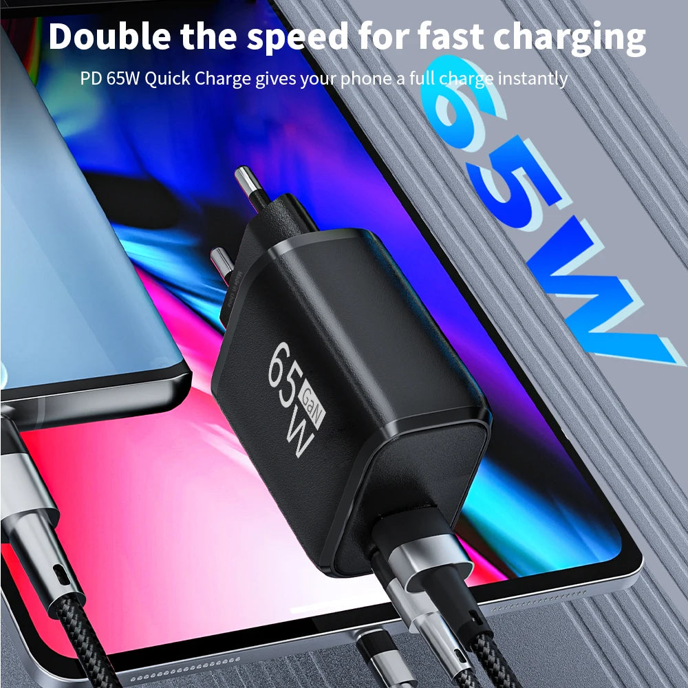PD 65W GaN USB C Charger Dual Ports USB Type C Charger QC3.0 Fast Charging Charger Power Adapter for iPhone Samsung Xiaomi POCO