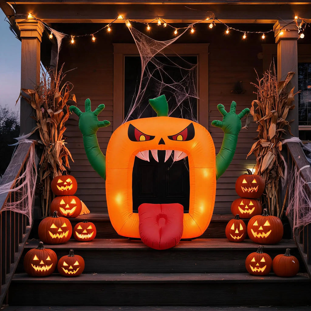 6 FT Inflatable Halloween Pumpkin Arch with LED Lights Self Inflating Outdoor Yard and Trunk or Treat Decoration 210T Polyester 12V Plug Spooky Holiday Party Lawn Garden Night Display Props